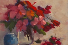 Pink and Red Hibiscus with Blue Bowl